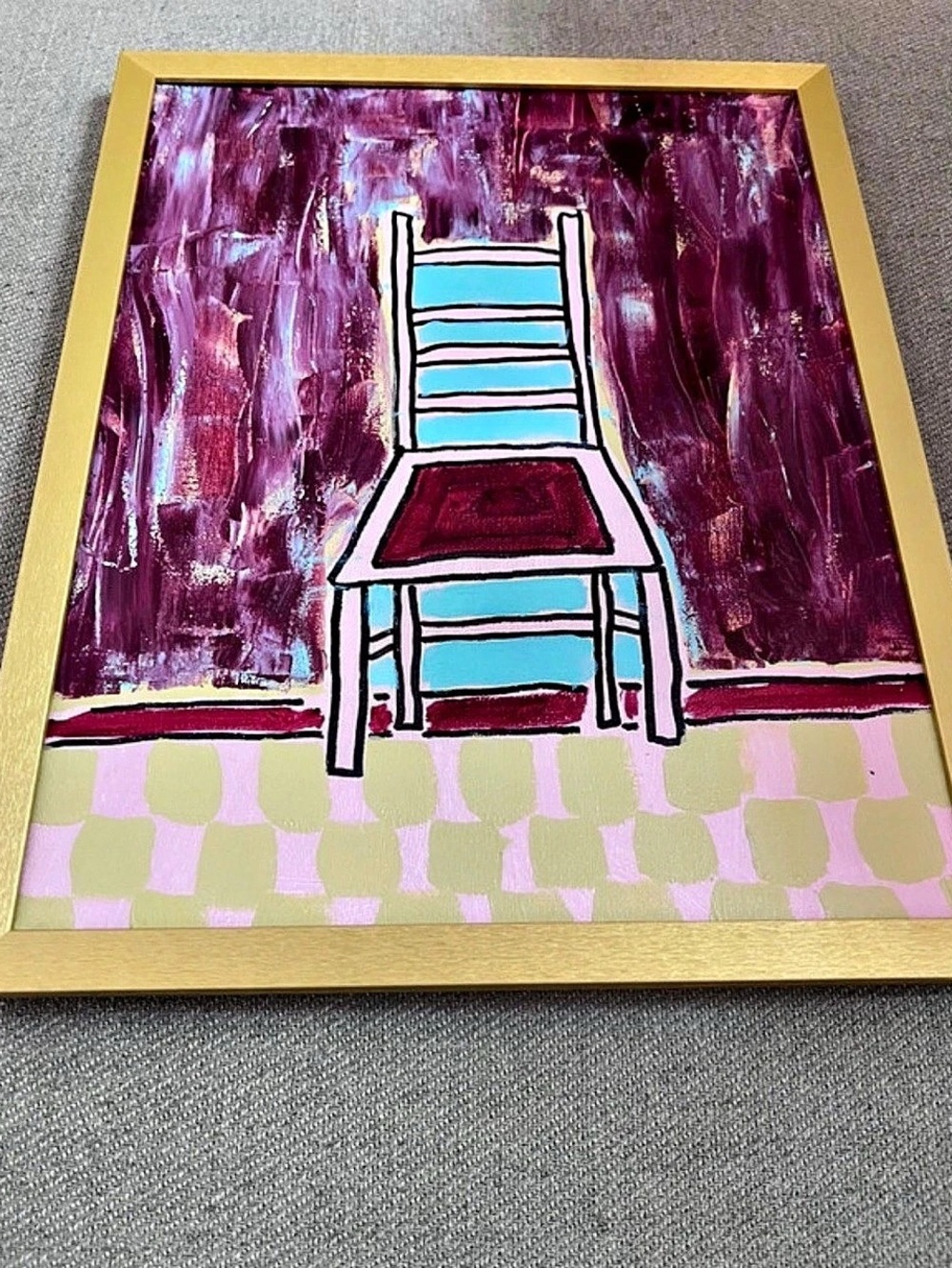 Original Abstract Chair Painting in Gold Frame - Purple, Pink & Teal Canvas Art